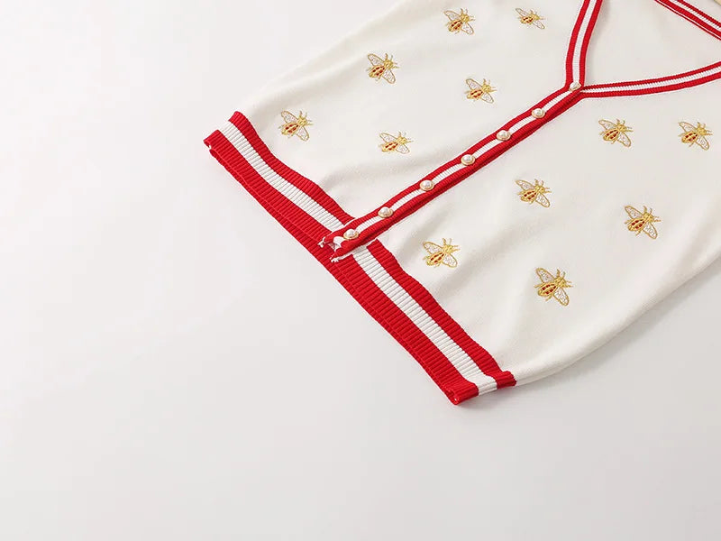 High Quality Fashion Designer Bee Embroidery Cardigan Long Sleeve Single Breasted Contrast Color Button Knitted Sweaters C-068
