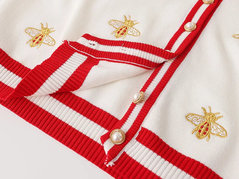 High Quality Fashion Designer Bee Embroidery Cardigan Long Sleeve Single Breasted Contrast Color Button Knitted Sweaters C-068