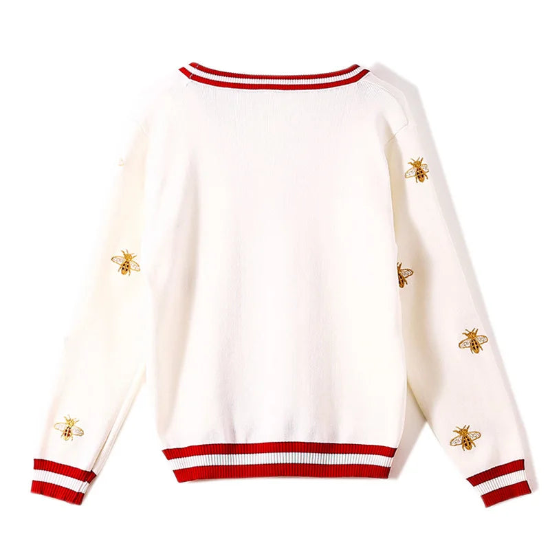 High Quality Fashion Designer Bee Embroidery Cardigan Long Sleeve Single Breasted Contrast Color Button Knitted Sweaters C-068