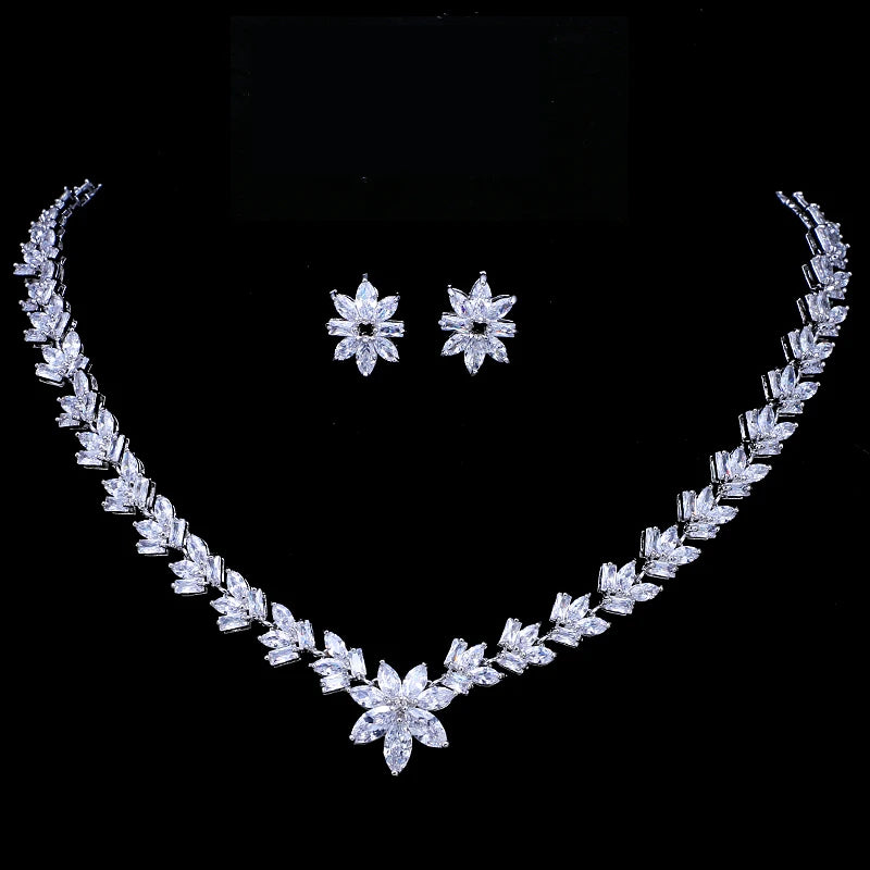 Emmaya Luxury Cubic Zircon Crystal Bridal Jewelry Sets Little Flower Necklace Earrings Sets for Women Wedding Party Jewelry Gift