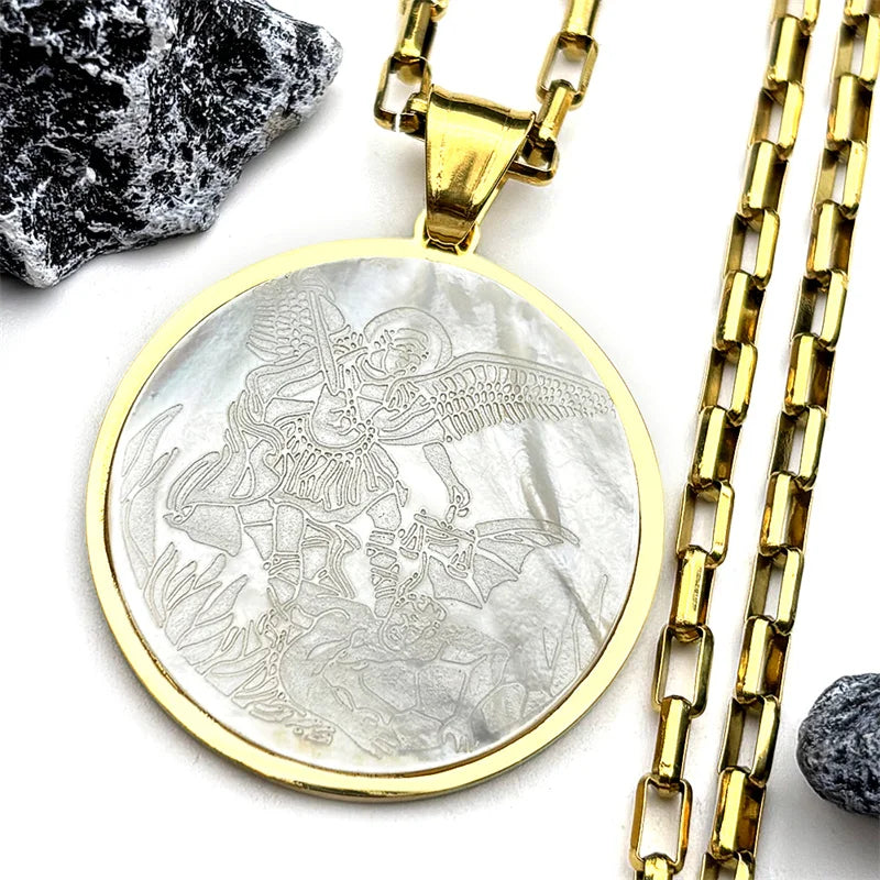 Archangel St.Michael Protect Us Shell Pendant Necklace for Women Men Stainless Steel Saint Michael Round Medal Chain Jewelry