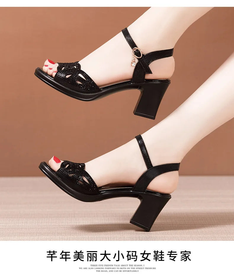 High quality sandals for women 5cm mid heel new 2025 summer size 32 33 42 43 platform open toe elegant fashion shoe black