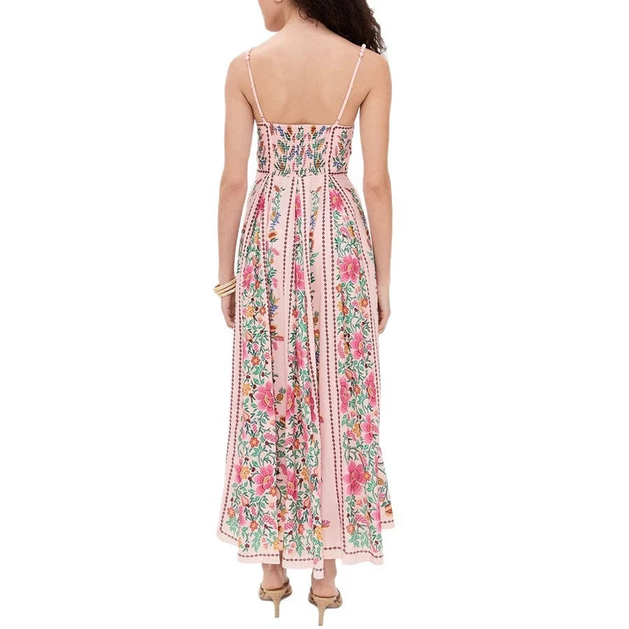 Summer Women Comfortable Linen Floral Printed Dress Lady Low Cut Backless Banquet High Waist Holiday Garden Party Long Dress