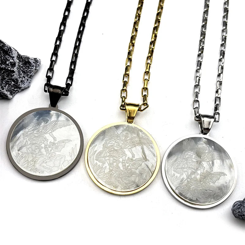 Archangel St.Michael Protect Us Shell Pendant Necklace for Women Men Stainless Steel Saint Michael Round Medal Chain Jewelry