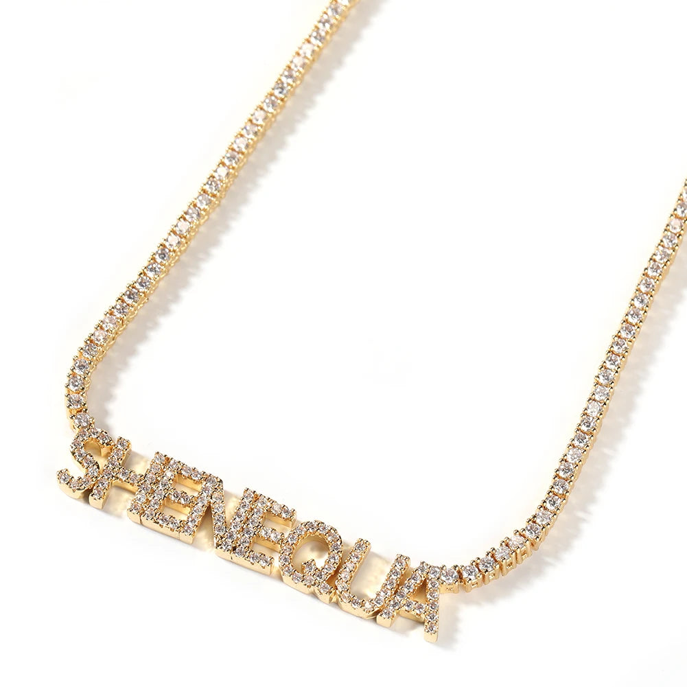 Uwin Custom Mini Letter Welding 2mm Tennis Chain Name Pendant Necklaces For Women Full Iced Out CZ Fashion Hip Hop Jewelry Gift