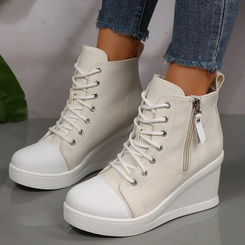 Black High Top Canvas Sneakers Shoes for Women Classic Platform Wedge Heel Casual Shoes Woman Fashion Zipper Lace Up Ankle Boots