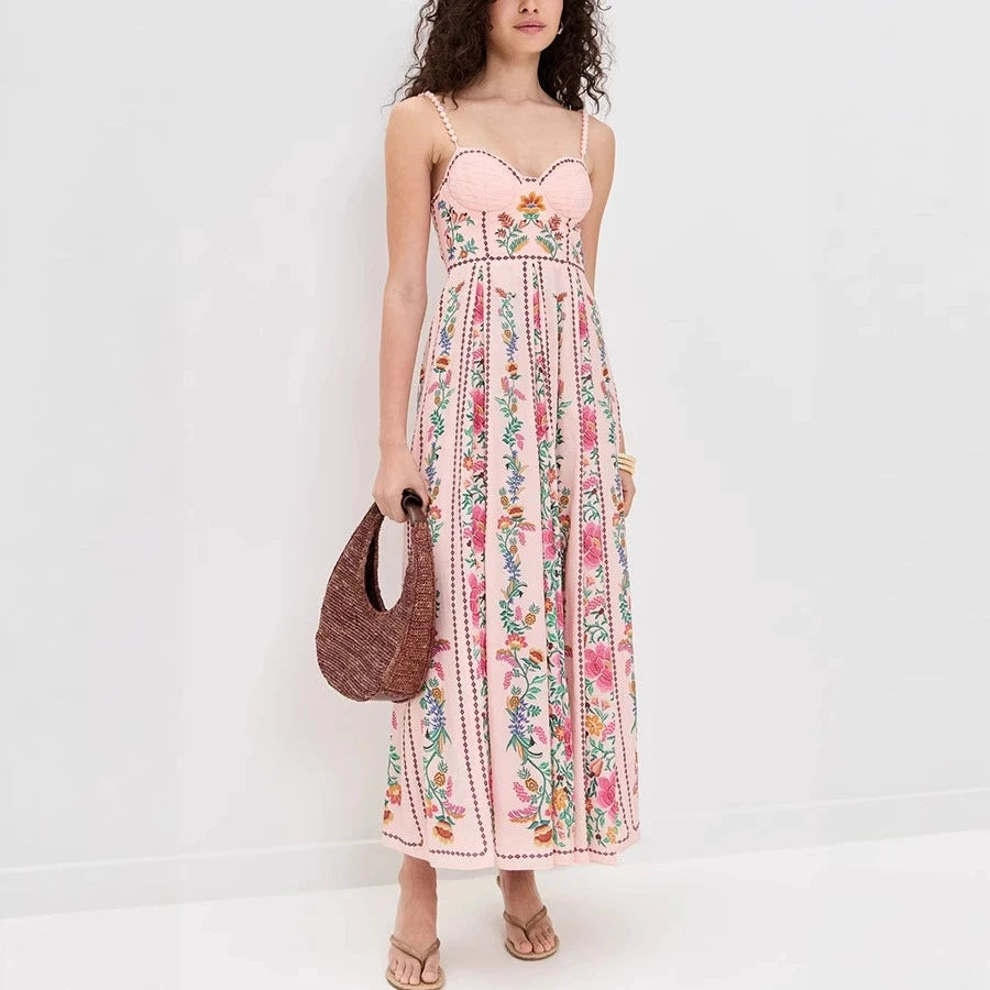 Summer Women Comfortable Linen Floral Printed Dress Lady Low Cut Backless Banquet High Waist Holiday Garden Party Long Dress