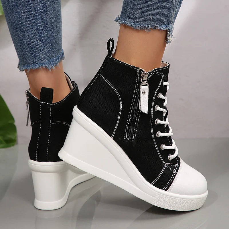 Black High Top Canvas Sneakers Shoes for Women Classic Platform Wedge Heel Casual Shoes Woman Fashion Zipper Lace Up Ankle Boots