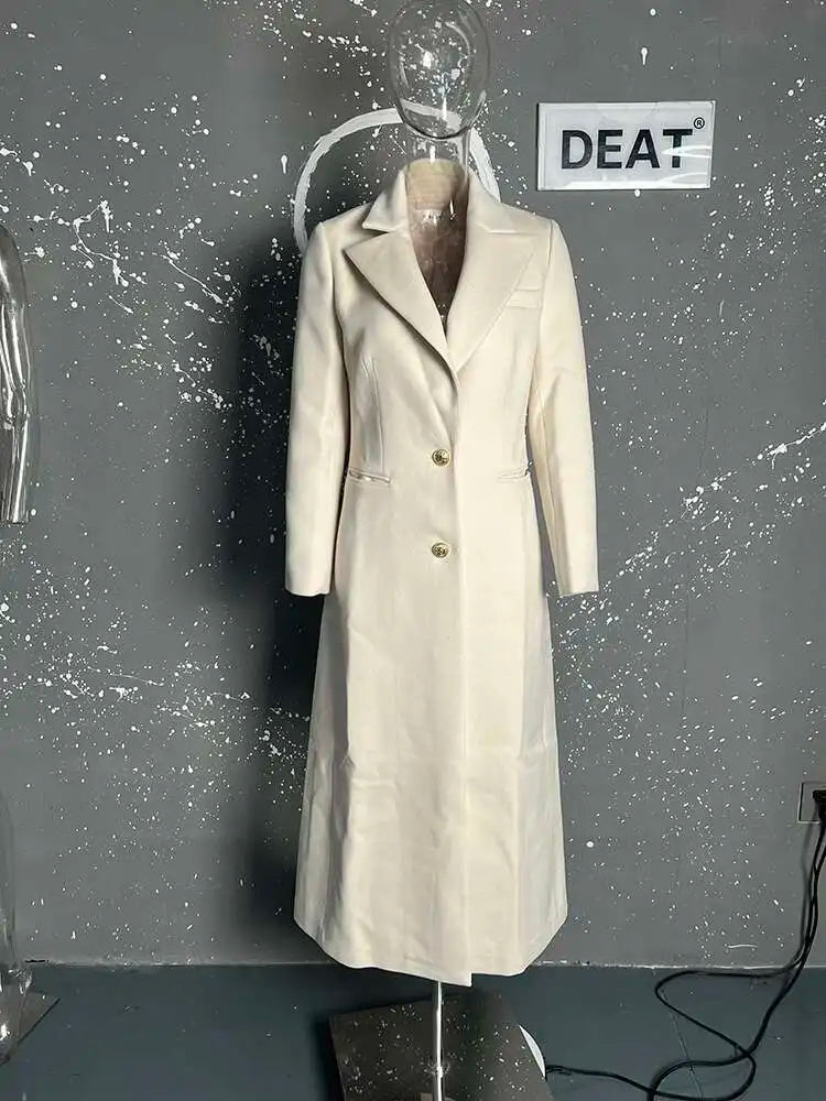 DEAT Fashion Women's Woolen Coat Lapel Silm Single Breasted Long Sleeves Beige Lined Blends Overcoat Winter 2024 New 7AB5487