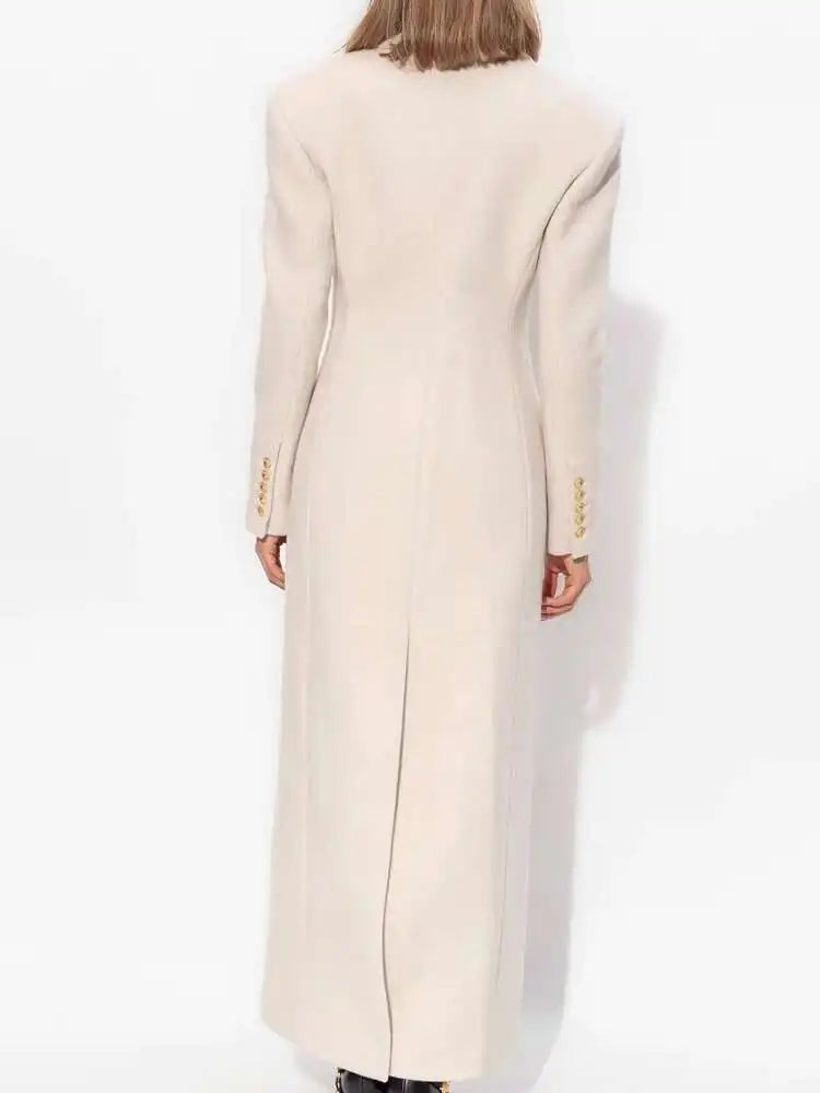 DEAT Fashion Women's Woolen Coat Lapel Silm Single Breasted Long Sleeves Beige Lined Blends Overcoat Winter 2024 New 7AB5487