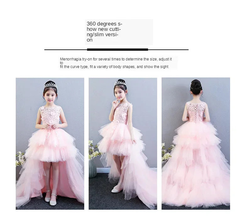 Custom Made Luxury Grey Pageant Dress Kids Birthday Wedding Ball Gown Party Dress Crystal Bandage Flower Girl Dresses Long Train