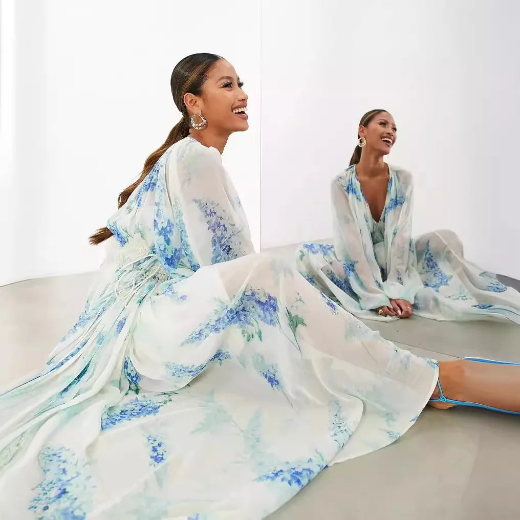 Elegant Print Chiffon Long Dresses Women V-neck High Waist Drawstring Folds See Through Long Sleeve Party Dress Female Vestidos