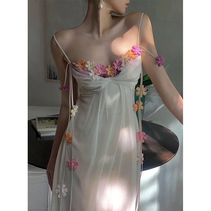MEXZT Fairy Long Dress Women Boho Vacation Floral Spaghetti Straps Maxi Dresses Summer Fashion Korean Elegant Beach Vestidos New