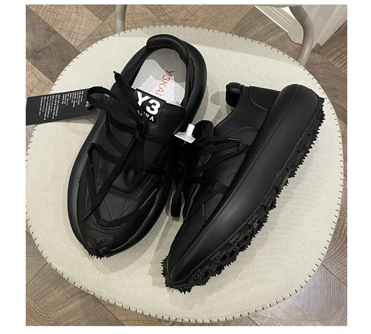 New Trendy Men's Casual Shoes Calf Leather Black Samurai Leather Sneakers Man Breathable Heighten Sports Shoes Platform Trainers