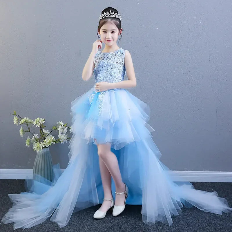 Custom Made Luxury Grey Pageant Dress Kids Birthday Wedding Ball Gown Party Dress Crystal Bandage Flower Girl Dresses Long Train