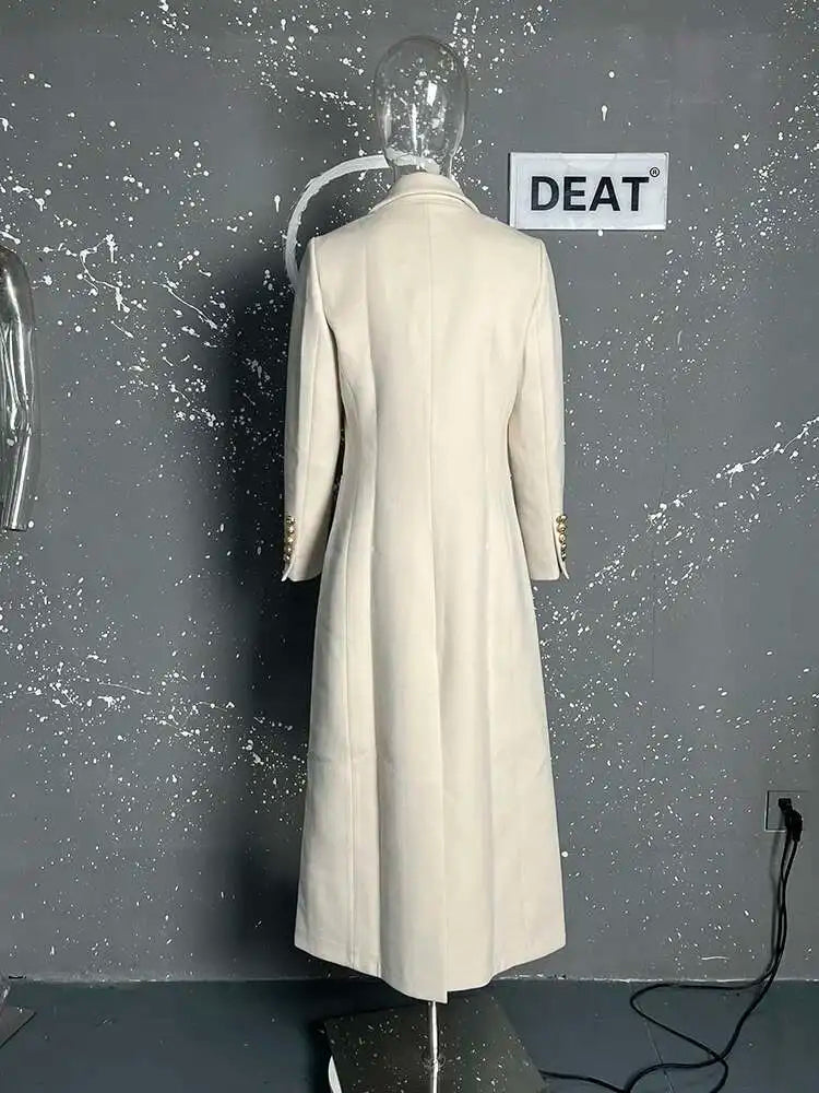 DEAT Fashion Women's Woolen Coat Lapel Silm Single Breasted Long Sleeves Beige Lined Blends Overcoat Winter 2024 New 7AB5487