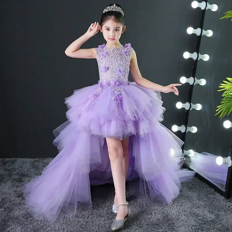 Custom Made Luxury Grey Pageant Dress Kids Birthday Wedding Ball Gown Party Dress Crystal Bandage Flower Girl Dresses Long Train