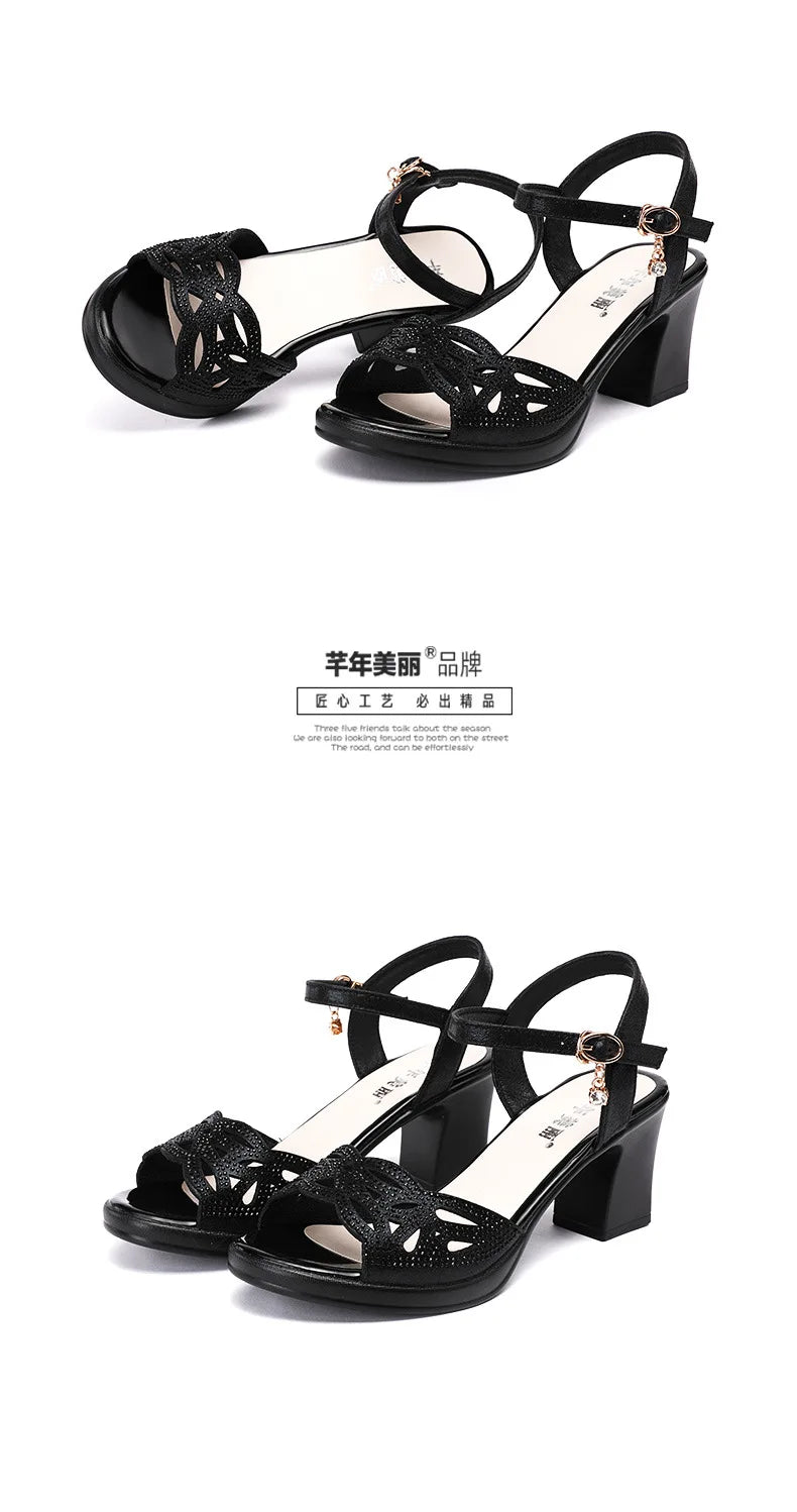 High quality sandals for women 5cm mid heel new 2025 summer size 32 33 42 43 platform open toe elegant fashion shoe black