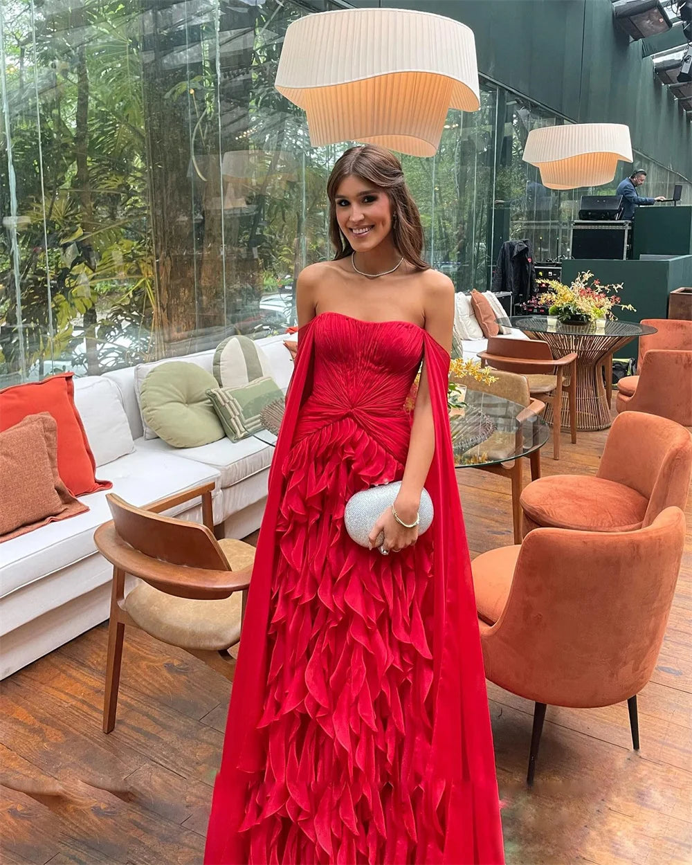 Cathy Red Off Shoulder Tiered Ruffles Prom Dress Detachable Shawl vestidos de noiva Customize A-line Floor-length Formal Evening