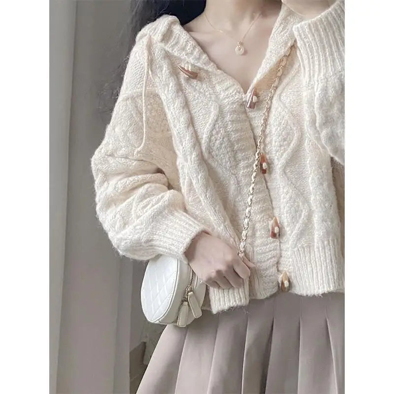 Spring and Autumn Horn-button Hooded Knit Sweater Coat Women Loose Outside Crop Top Gentle Soft Preppy Style White Cardigan