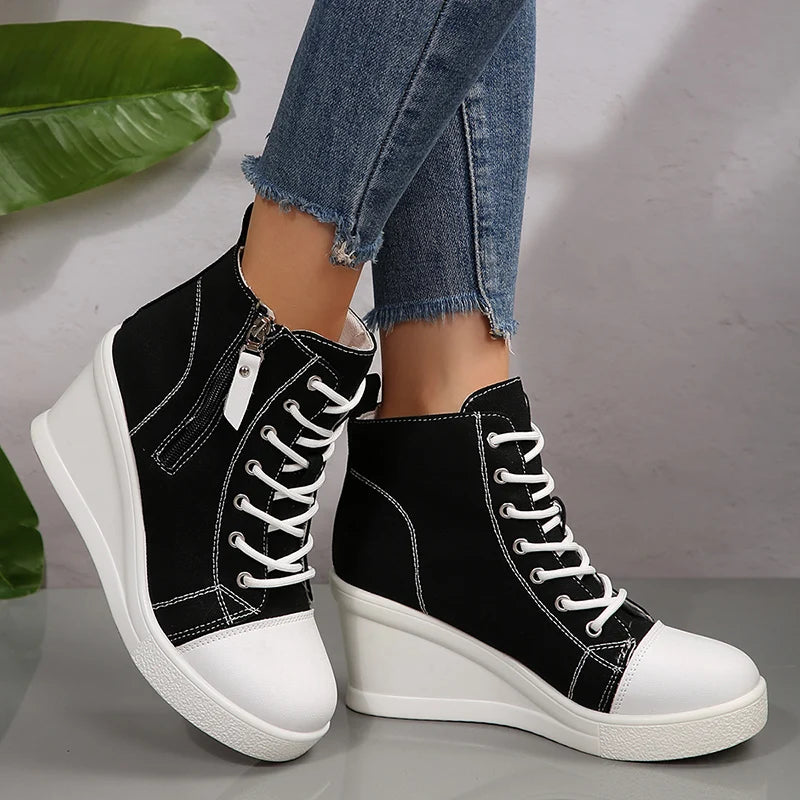 Black High Top Canvas Sneakers Shoes for Women Classic Platform Wedge Heel Casual Shoes Woman Fashion Zipper Lace Up Ankle Boots
