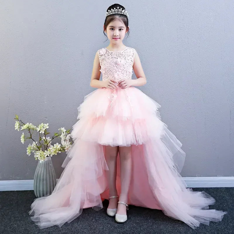 Custom Made Luxury Grey Pageant Dress Kids Birthday Wedding Ball Gown Party Dress Crystal Bandage Flower Girl Dresses Long Train