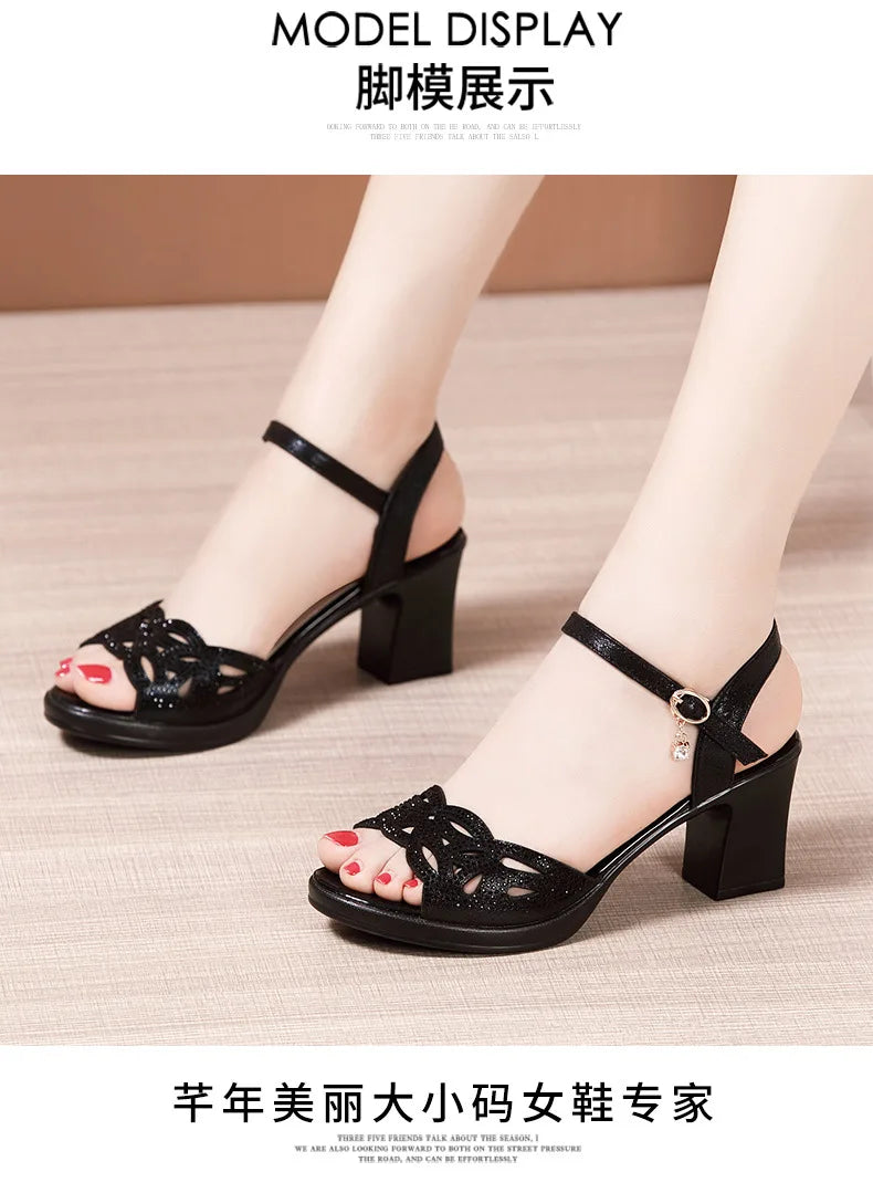 High quality sandals for women 5cm mid heel new 2025 summer size 32 33 42 43 platform open toe elegant fashion shoe black