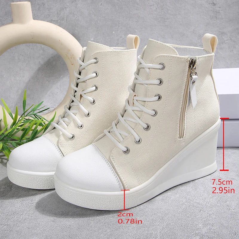 Black High Top Canvas Sneakers Shoes for Women Classic Platform Wedge Heel Casual Shoes Woman Fashion Zipper Lace Up Ankle Boots