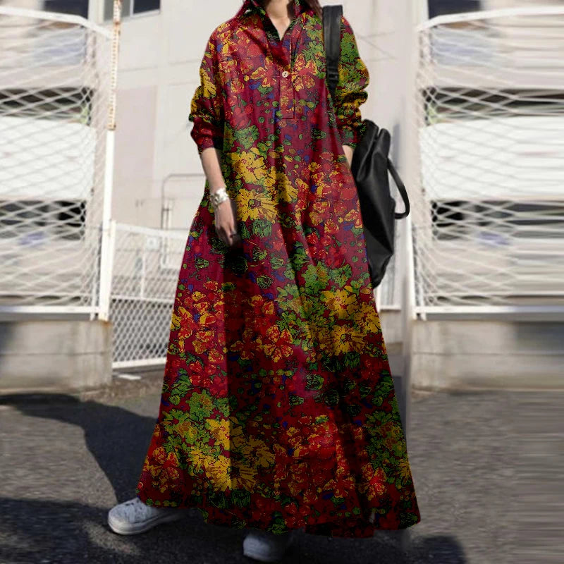ZANZEA Floral Printed Long Sleeve Cotton Maxi Dress Women Spring 2025 Loose Casual Lapel Neck Shirtdress Streetwear Long Vestido