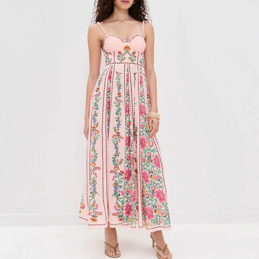 Summer Women Comfortable Linen Floral Printed Dress Lady Low Cut Backless Banquet High Waist Holiday Garden Party Long Dress