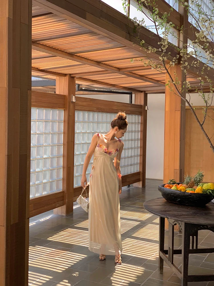 MEXZT Fairy Long Dress Women Boho Vacation Floral Spaghetti Straps Maxi Dresses Summer Fashion Korean Elegant Beach Vestidos New