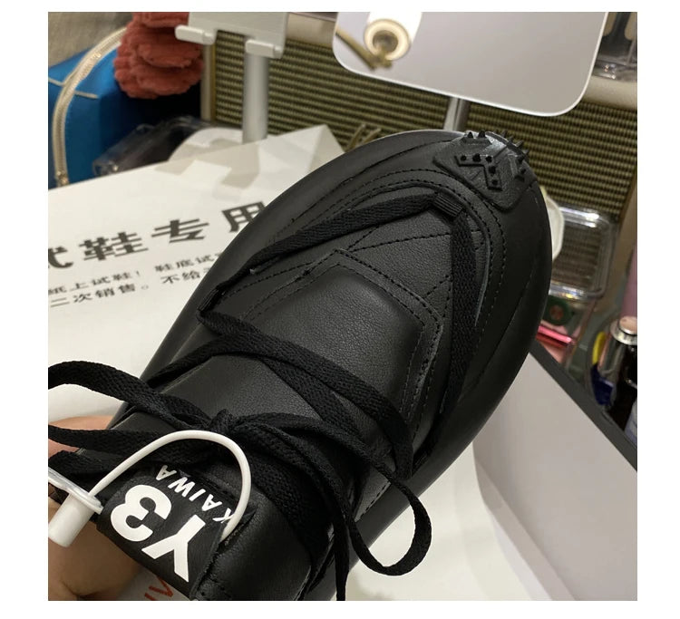 New Trendy Men's Casual Shoes Calf Leather Black Samurai Leather Sneakers Man Breathable Heighten Sports Shoes Platform Trainers