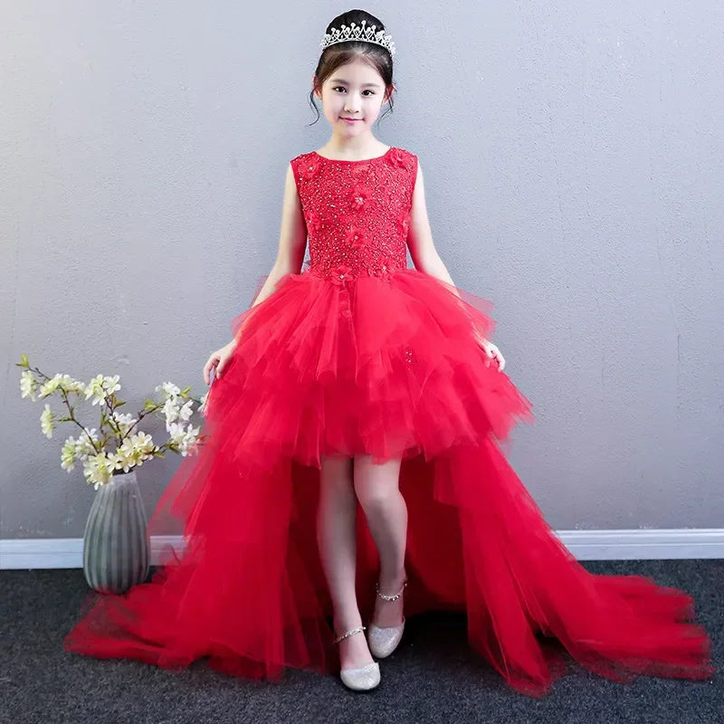 Custom Made Luxury Grey Pageant Dress Kids Birthday Wedding Ball Gown Party Dress Crystal Bandage Flower Girl Dresses Long Train