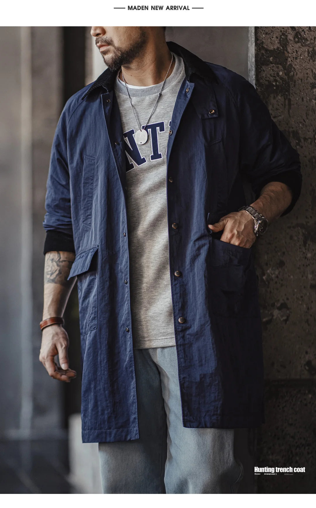 Maden Retro Corduroy Lapel Safari Trench Coat Loose Fit Single-breasted Mid-length Versatile Jacket for Men's Spring and Autumn