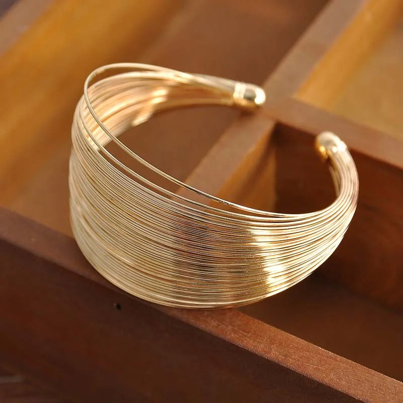 Vintage Gold Color Hyperbolic Layered Wide Wire Bracelet Cuff Bangle for Women Exaggerated Metal Wrist Wrap Bangle Jewelry Gift