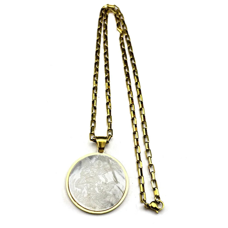 Archangel St.Michael Protect Us Shell Pendant Necklace for Women Men Stainless Steel Saint Michael Round Medal Chain Jewelry