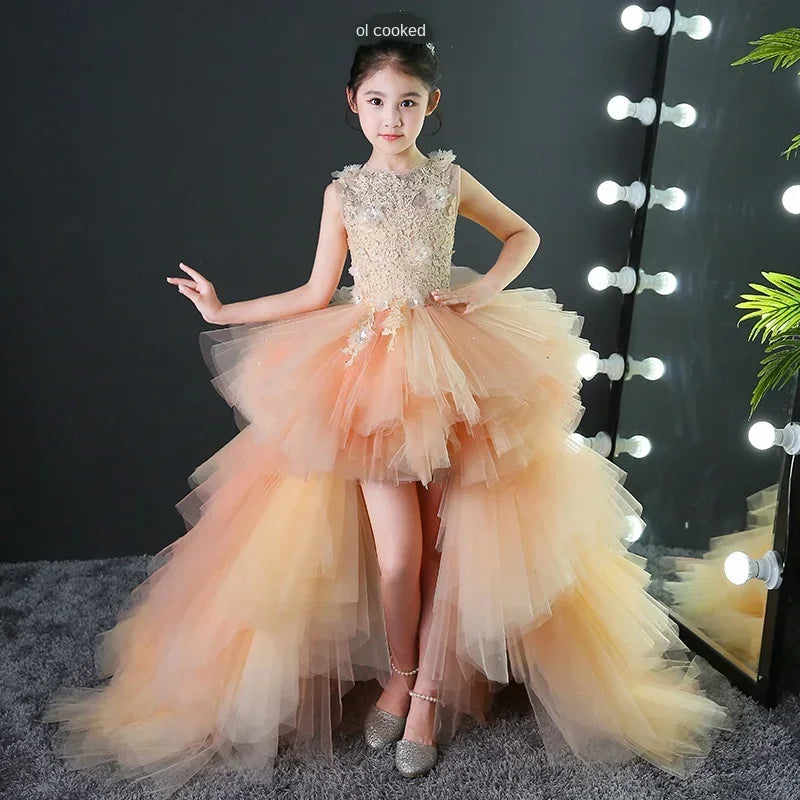 Custom Made Luxury Grey Pageant Dress Kids Birthday Wedding Ball Gown Party Dress Crystal Bandage Flower Girl Dresses Long Train