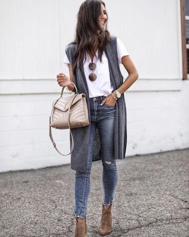 Fashion Women's Casual Knitwear Coat Cardigan Trendy Long Sleeveless Vest Jacket