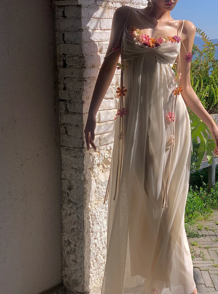 MEXZT Fairy Long Dress Women Boho Vacation Floral Spaghetti Straps Maxi Dresses Summer Fashion Korean Elegant Beach Vestidos New