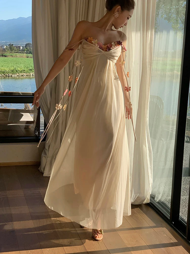 MEXZT Fairy Long Dress Women Boho Vacation Floral Spaghetti Straps Maxi Dresses Summer Fashion Korean Elegant Beach Vestidos New