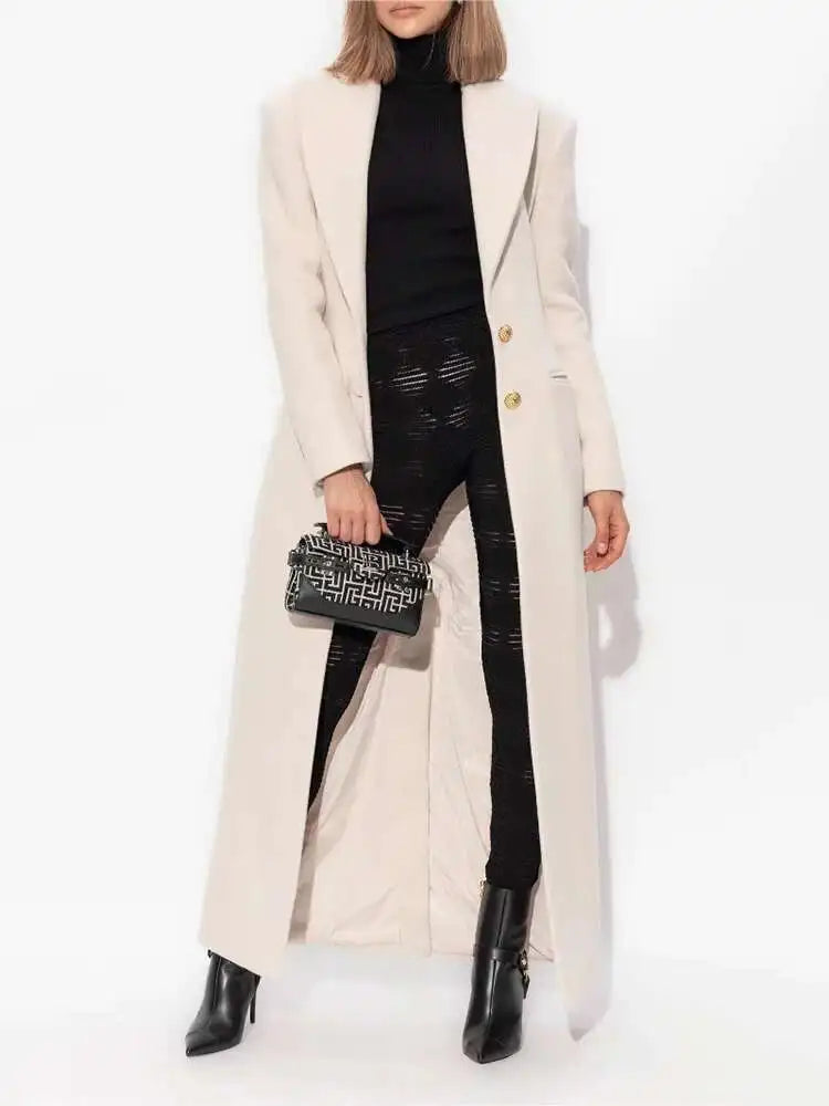 DEAT Fashion Women's Woolen Coat Lapel Silm Single Breasted Long Sleeves Beige Lined Blends Overcoat Winter 2024 New 7AB5487