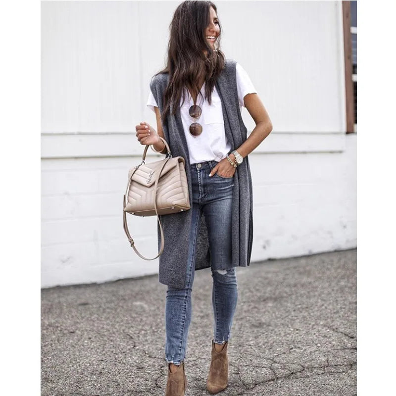 Fashion Women's Casual Knitwear Coat Cardigan Trendy Long Sleeveless Vest Jacket