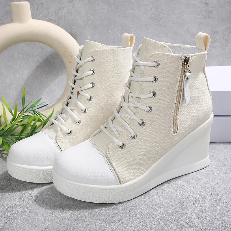 Black High Top Canvas Sneakers Shoes for Women Classic Platform Wedge Heel Casual Shoes Woman Fashion Zipper Lace Up Ankle Boots