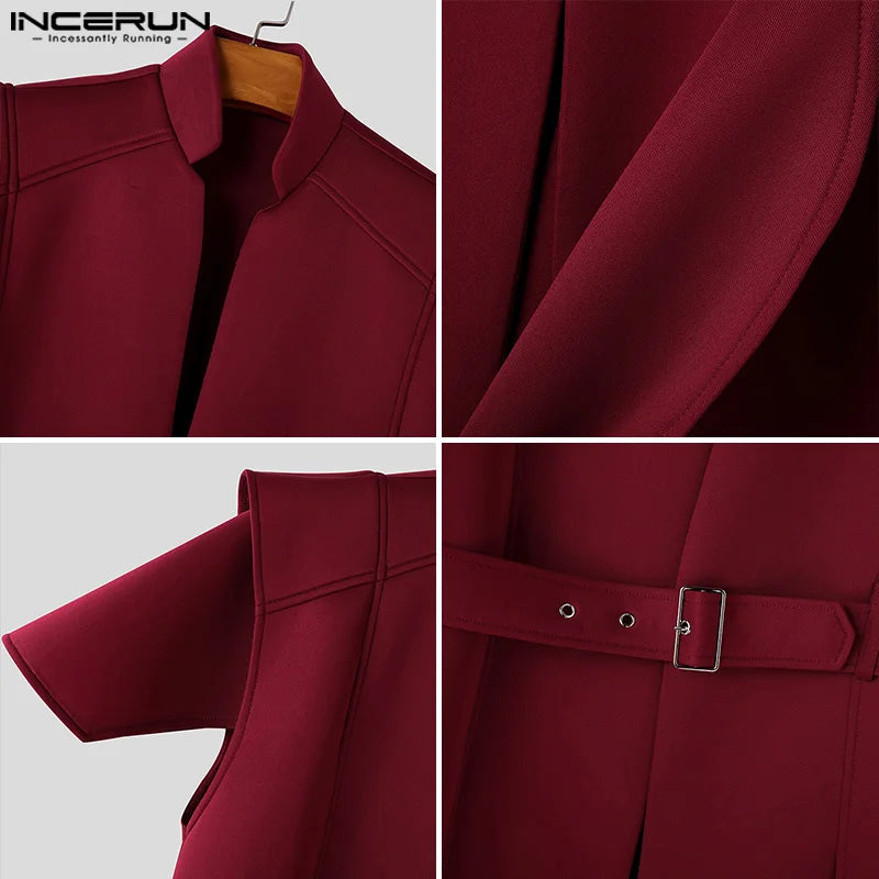 INCERUN Tops 2025 American Style Fashion Men Loose Silhouette Long Cardigan Shirts Casual Personality Solid Short Sleeved Blouse