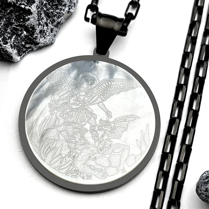 Archangel St.Michael Protect Us Shell Pendant Necklace for Women Men Stainless Steel Saint Michael Round Medal Chain Jewelry