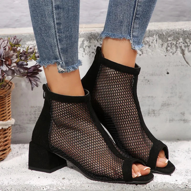 2024 Summer Boot Zapatos Chaussures Femme Zipper Square High Heel Leopard Woman Shoes Women Mesh Suede Ankle Boots Size 43