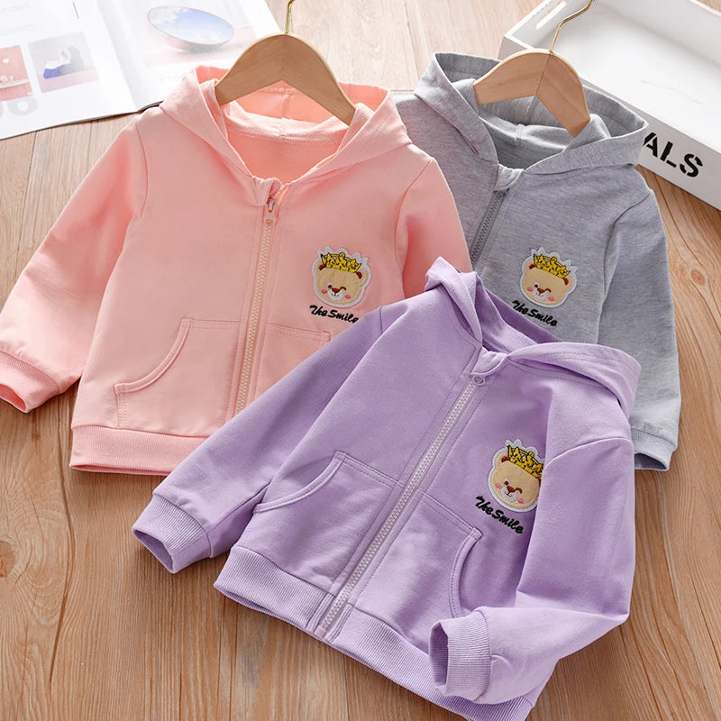 1-7 Years Old Girls' Hoodie Spring And Autumn Children'S Pure Cotton Zipper Cardigan Casual Outdoor With Kids Embroidered Top