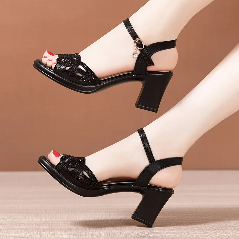 High quality sandals for women 5cm mid heel new 2025 summer size 32 33 42 43 platform open toe elegant fashion shoe black