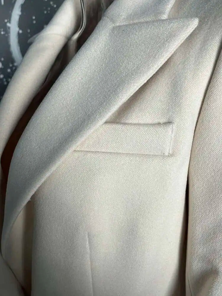 DEAT Fashion Women's Woolen Coat Lapel Silm Single Breasted Long Sleeves Beige Lined Blends Overcoat Winter 2024 New 7AB5487