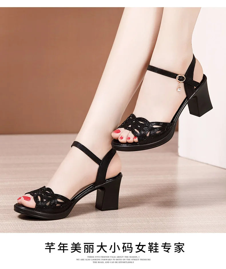 High quality sandals for women 5cm mid heel new 2025 summer size 32 33 42 43 platform open toe elegant fashion shoe black